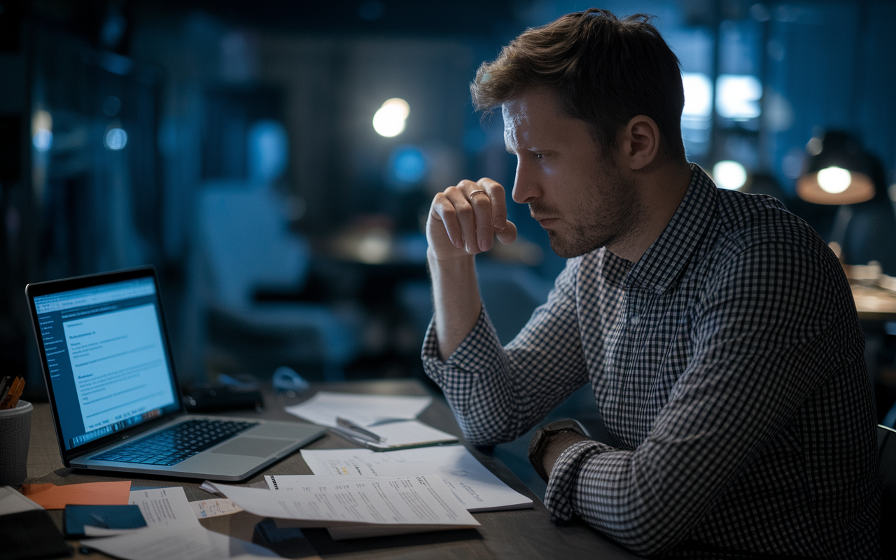 A reflective scene showing Tom, another SOAP participant, sitting at a desk, visibly concerned while reviewing his previous application mistakes and missed opportunities. The dim lighting conveys a thoughtful atmosphere, with scattered notes and a laptop open displaying feedback. This conveys the edge of learning from past experiences to enhance future applications.