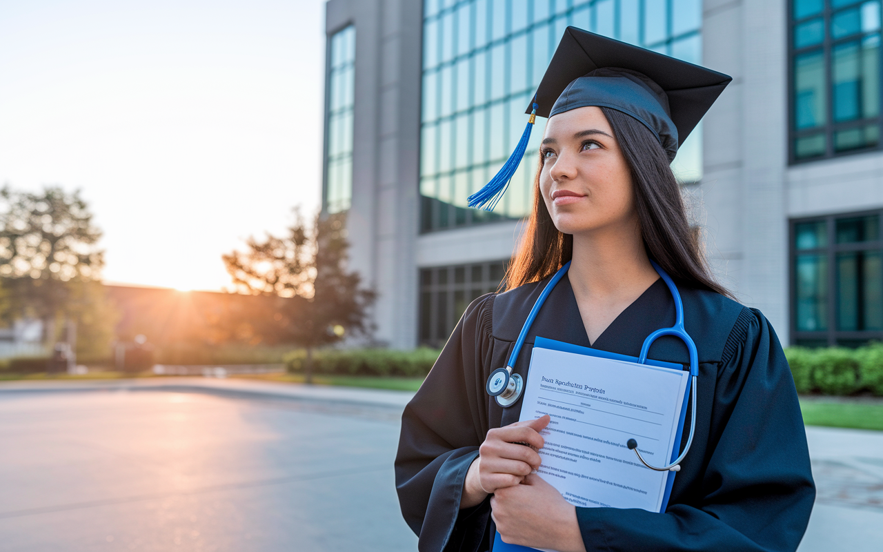 A hopeful graduate standing in front of a residency program building, gazing with determination. The sunrise in the background symbolizes new beginnings and opportunities. The graduate holds their application materials with confidence, ready to embark on the next chapter of their medical career.