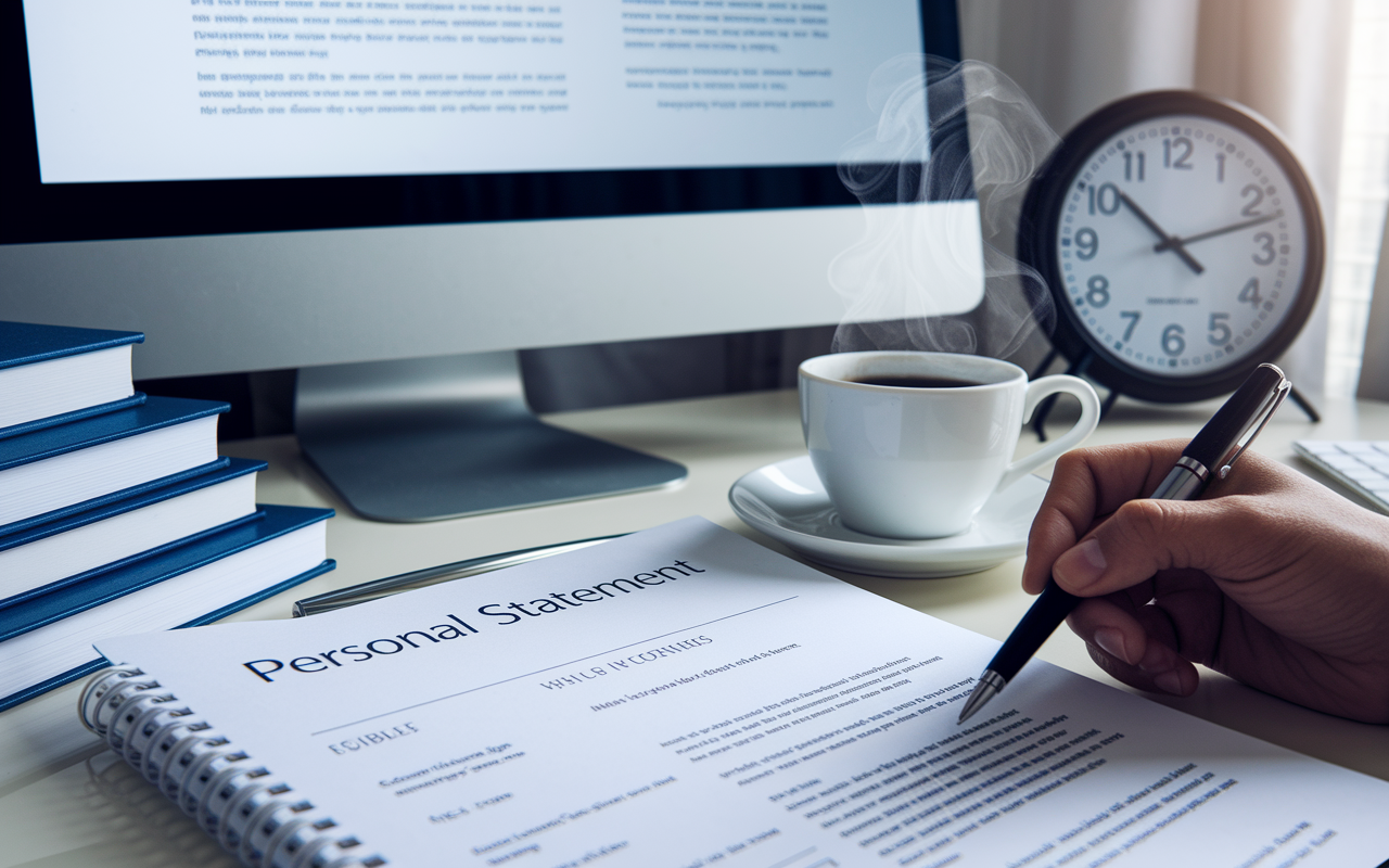 A close-up scene of a computer screen displaying an open personal statement and a CV with notes and edits visible, alongside a steaming cup of coffee. The surroundings include medical books stacked on a desk, a pen in hand, and a wall clock ticking in the background. The lighting is bright and focused, symbolizing creativity and structured effort.