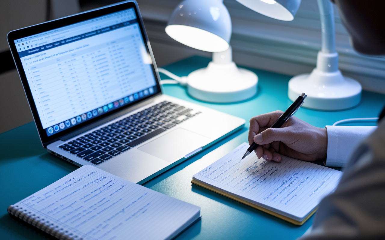 A medical student seated at a table equipped with a laptop open to a webpage showing a list of unfilled residency positions. A notepad filled with handwritten notes on specialties and match rates lays beside them. The scene conveys an atmosphere of analysis and preparation, enhanced by bright desk lamps providing a clear focus.