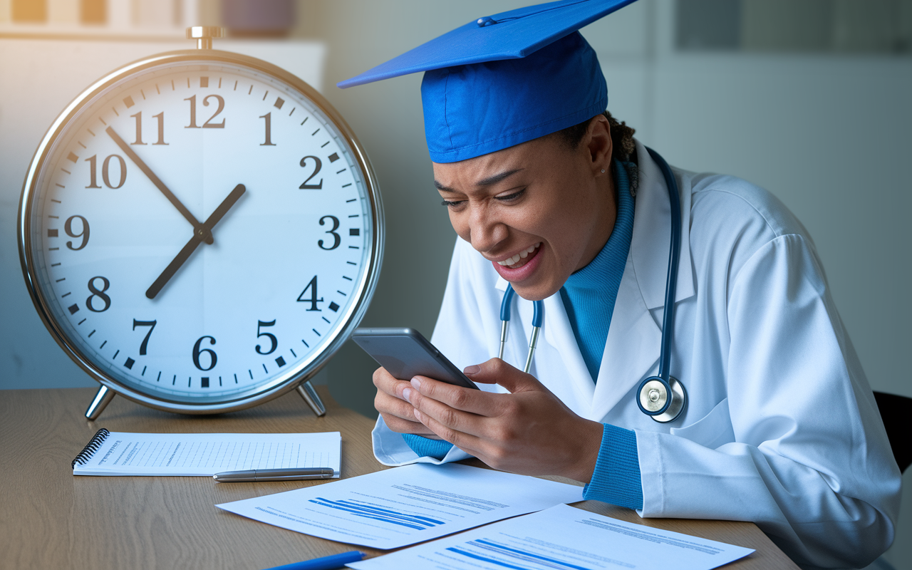 An anxious yet determined medical graduate looking at their phone, receiving a notification about a residency position offer. The room is filled with a clock prominently displaying the time, emphasizing the urgency of the SOAP process. The person's expression reflects a mix of excitement and apprehension, with application materials spread out across the table.