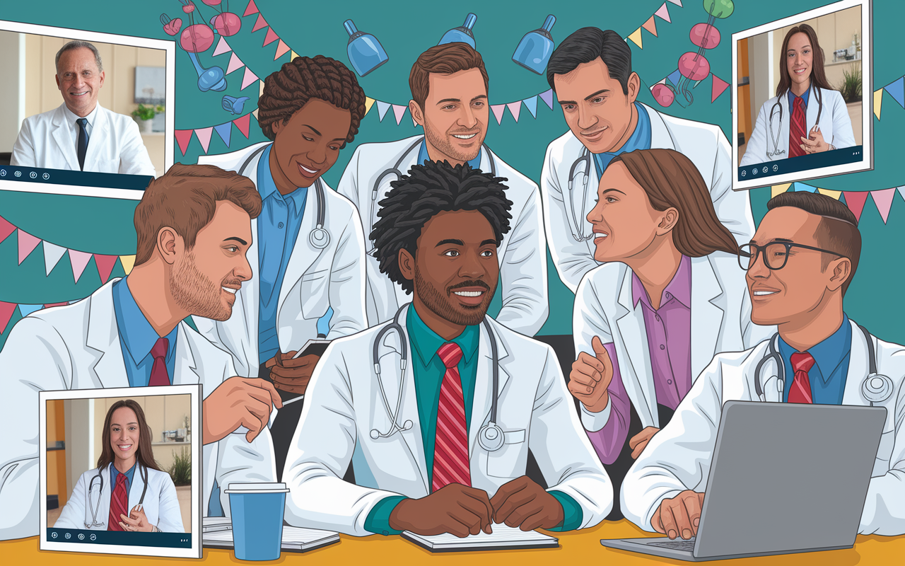 A dynamic scene of a group of medical graduates engaging in a virtual meeting with program directors via a video call. The background shows medical-themed decorations and a variety of screens capturing discussions. Their faces light up with enthusiasm and professionalism, highlighting the importance of networking in the SOAP process.