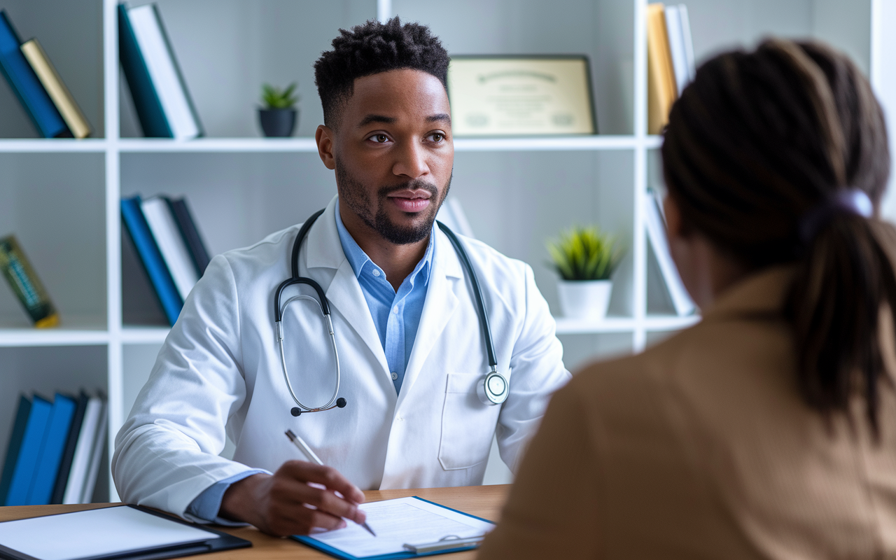 A focused medical graduate practicing for an online interview, mock interviewing with a friend through video conferencing software. The setting is organized with a well-lit background featuring medical books and a diploma. The individual is dressed professionally, reflecting preparation and readiness for potential offers.