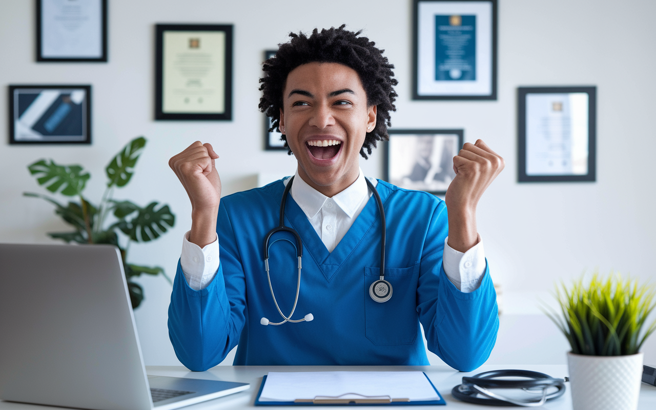 An enthusiastic medical candidate expressing genuine excitement during an interview via video call; their body language shows engagement and eagerness. The background is tastefully decorated with elements that reflect their commitment to medicine, such as framed degrees and a stethoscope visible on the desk.