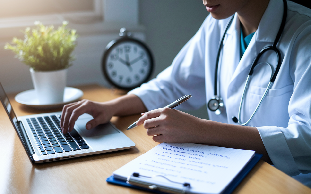 A medical graduate composing a thoughtful follow-up email on a laptop, with a notepad beside them listing important points to include. Soft lighting creates an inviting atmosphere, while a clock indicates the urgency of timely communication after applications. The expressions of determination show that they are dedicated to making the best impression.