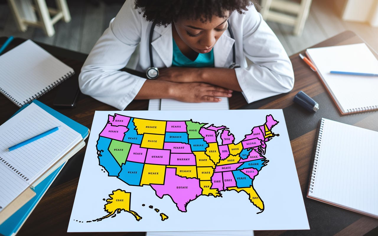 A thoughtful medical graduate looking at a map of the United States, contemplating various residency opportunities across different states highlighted in bright colors. The scene emphasizes geographical flexibility and exploration, with notepads scattered with different specialty options surrounding them, all in a well-lit study environment.