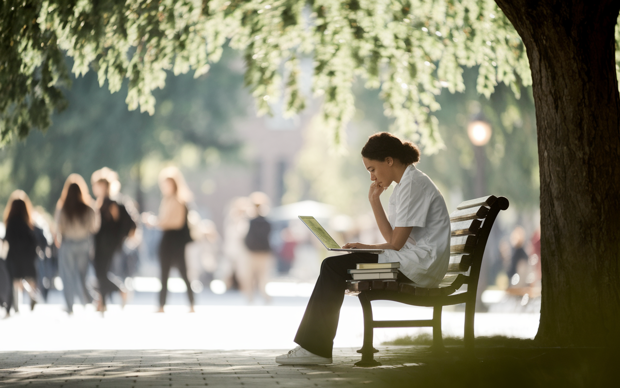 A contemplative scene of a medical student sitting alone on a park bench under a shady tree, with a thoughtful expression in a moment of introspection. Books and a laptop are scattered beside them, symbolizing the academic journey. The lighting is soft and warm, with dappled sunlight filtering through the leaves, evoking a sense of calm. The background shows a blurred campus setting with students going about their day, highlighting the sense of solitude amidst the bustling life.