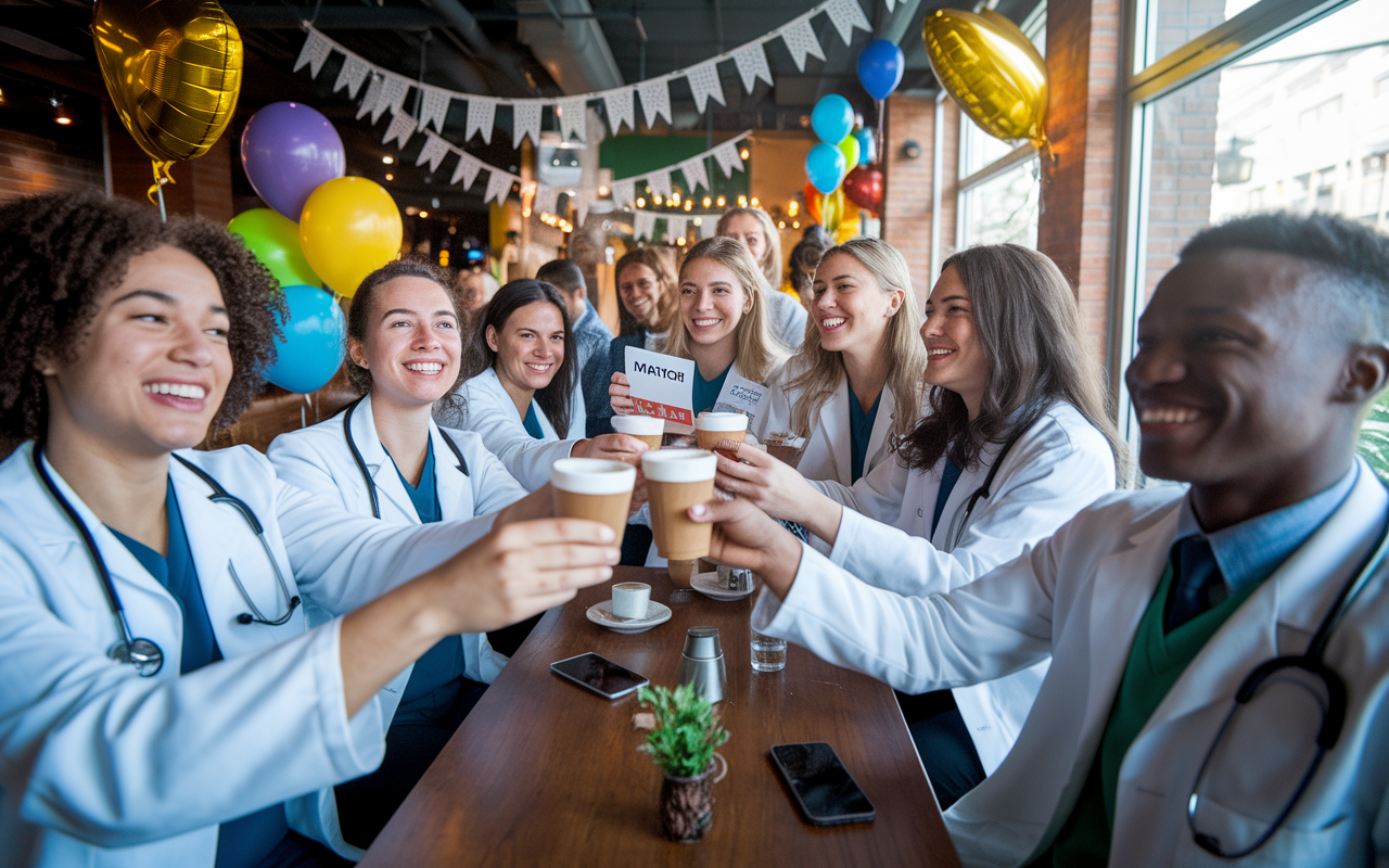 A jubilant gathering of matched medical students celebrating together in a lively café, surrounded by decorations such as balloons and banners. Each student holds a match announcement letter, some taking photographs while laughing and sharing a toast with coffee. The ambiance is bright with warm, inviting lighting and smiling faces, encapsulating the joyous moment of achieving their matching goal.