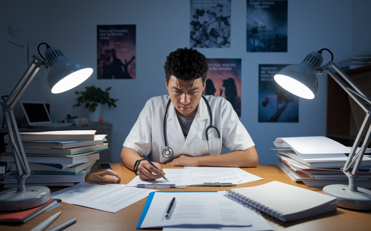 An anxious yet determined medical student sitting at a cluttered desk, intensely focused on updating their CV and application materials. The desk is filled with medical books and papers, bright desk lamps casting a focused light on their work. The student looks determined with a slight frown, surrounded by motivational posters on the wall. The atmosphere is tense yet hopeful as they prepare for the next step.