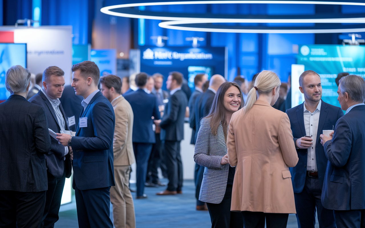 A medical student participating in a networking event, mingling with professionals in a vibrant conference setting. Well-dressed attendees engage in conversations, exchanging contact information. Various booths in the background showcase medical organizations. The lighting is bright and energizing, creating an atmosphere of potential and opportunity amidst lively discussions.