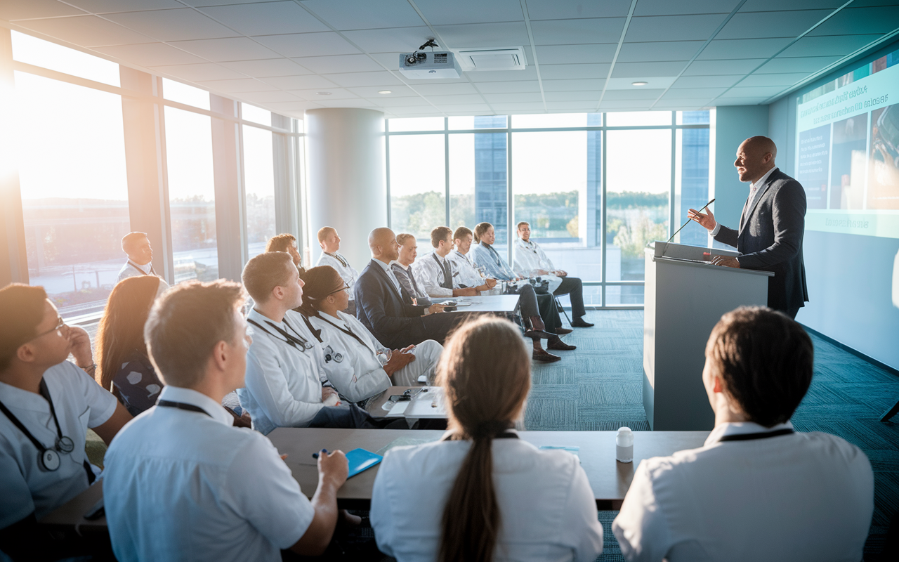 A professional workshop at a modern hospital conference room, showcasing a charismatic speaker at the podium while attentive medical residents take notes. The room is well-lit with large windows showcasing a sunny day outside, and a projector displaying insightful slides. Participants are interacting during a Q&A session, with a warm and collaborative atmosphere evident as attendees eagerly share their thoughts.