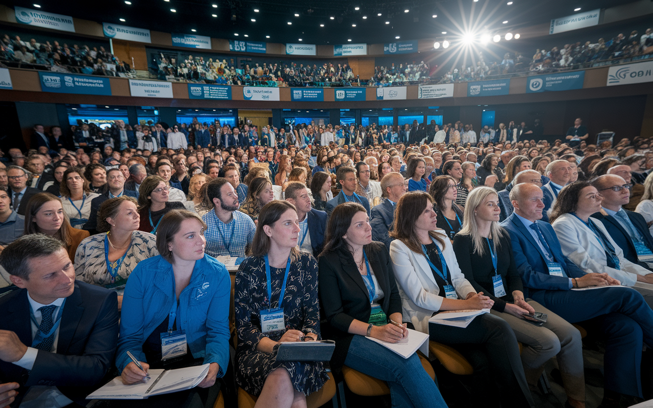 A bustling scene at a medical conference, featuring a diverse audience gathered for a keynote speech. Attendees are seated in a large auditorium, taking notes and looking intrigued, with a speaker illuminated by a spotlight at the front. Banners promoting various medical organizations are displayed throughout the venue, and the layout reflects an engaging and welcoming environment.