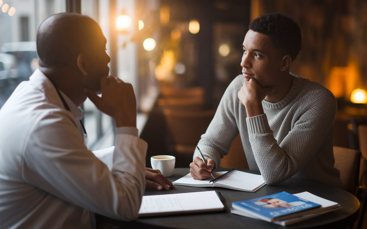 A thoughtful scene inside a cozy café where a pre-med student is engaged in a deep conversation with a healthcare professional. The professional, wearing a white coat, shares experiences and insights over a cup of coffee. Warm, soft lighting enhances the intimate atmosphere. The student listens intently, with a notebook open, ready to jot down important points. A few medical journals are visible on the table, symbolizing their shared passion for medicine.