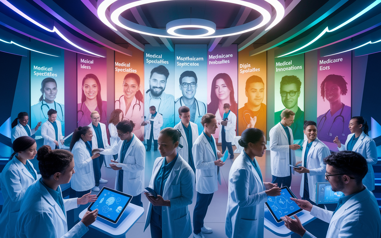 A futuristic scene of diverse medical students engaged in a networking event held in a modern auditorium. The setting is filled with bright and dynamic colors. Students are exchanging ideas and insights, with banners behind them showcasing various medical specialties. Some are interacting with tablets and digital displays showcasing medical innovations. The atmosphere brims with enthusiasm and collaboration, emphasizing the importance of networking in shaping future healthcare professionals.