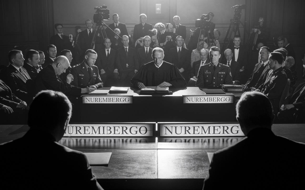 A dramatic scene capturing a courtroom during the Nuremberg Trials, featuring a judge, military officials, and war criminals in the dock. The atmosphere is tense, with historical documents and the Nuremberg Code illuminated on the desk. Black and white tones enhance the gravity of the moment, with shadows emphasizing the serious nature of the trials and the quest for justice. The background shows press and spectators, highlighting the public interest and outrage surrounding ethical breaches in research.