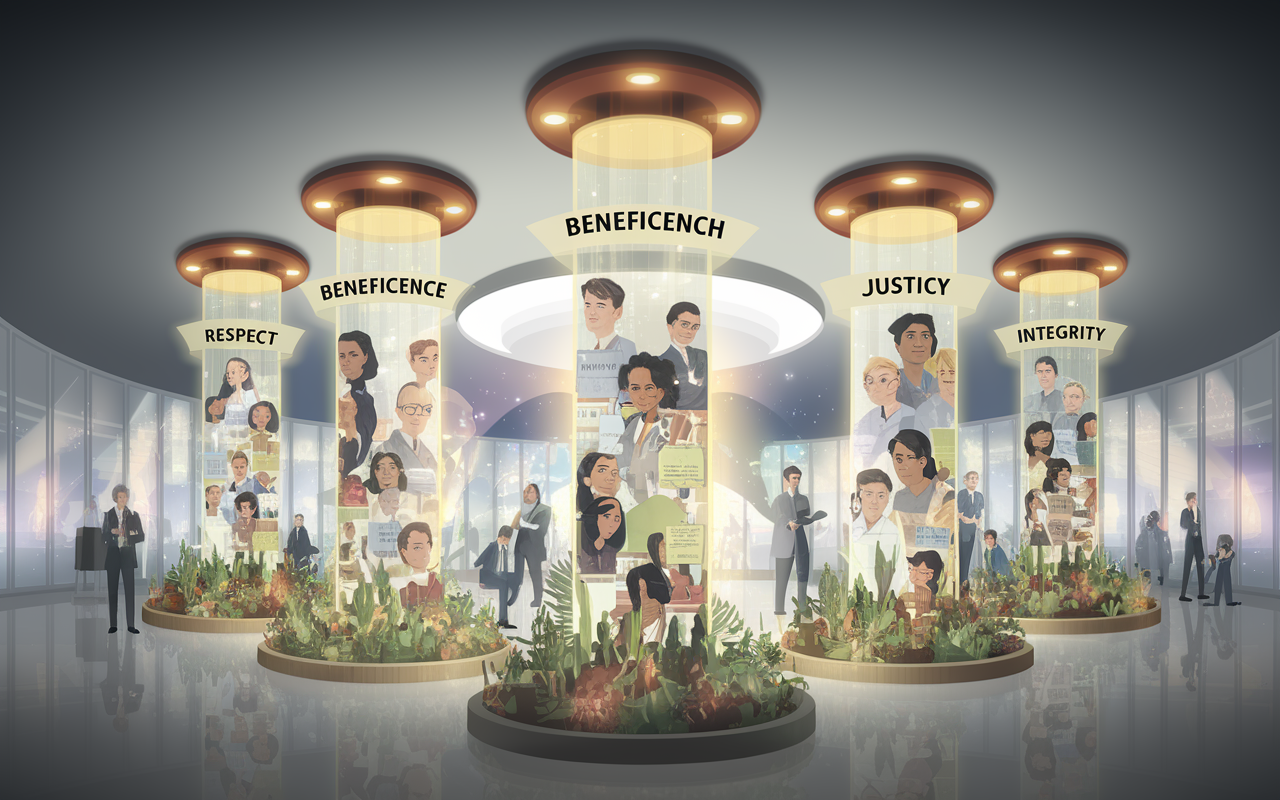 An artistic depiction of the four main principles of research ethics represented as pillars in a bright, modern research facility. Each pillar is labeled with respect, beneficence, justice, and integrity, adorned with illustrations of diverse participants and researchers. The interior exudes a sense of collaboration and innovation, with glowing light and plant life symbolizing the growth of ethical practices in medical research. The scene conveys a harmonious blend of research progress and ethical commitment.