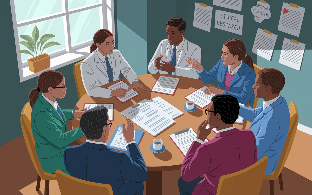 A thoughtful scene illustrating a diverse group of researchers discussing informed consent at a round table. One researcher is explaining complex information to a participant who appears confused, demonstrating the challenges of clear communication. The room is arranged with tools for easy understanding—charts, bilingual materials, and visual aids. The lighting is bright yet soft, conveying hope and dedication to overcoming these hurdles in ethical research practices.