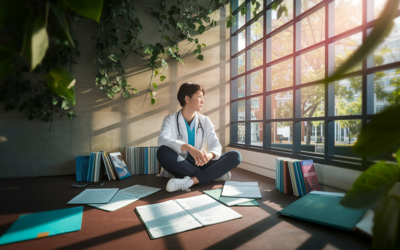 A medical student sitting introspectively in a quiet corner of a bustling campus, surrounded by medical textbooks and application forms. The ambiance is contemplative, with soft, warm lighting that frames the student's thoughtful expression. Sunlight filters through leaves, casting dapples of light and shadow. The student gazes out a large window, pondering their future, surrounded by the tools of their trade, symbolizing hope and resilience.