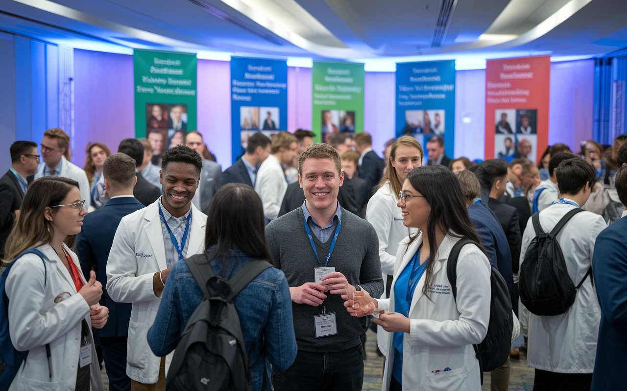 A lively networking event for medical students and current residents in a well-lit conference hall. Groups of diverse individuals engaged in discussions around clinical experiences and future residency opportunities. Colorful banners and posters featuring medical specialties line the walls, creating an atmosphere full of hope and camaraderie. Soft, ambient lighting accentuates the eagerness and aspirations of the attendees.