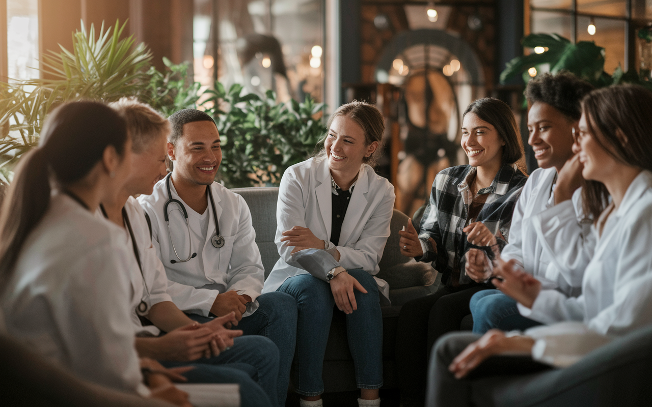 A cozy gathering of medical students in a supportive environment, sharing their experiences after unmatching. The ambiance is warm and inviting, with soft lighting that enhances the mood of camaraderie. Students seated in a circle, some comforting each other with light touches, others sharing laughs, showcasing the importance of support in overcoming challenges.