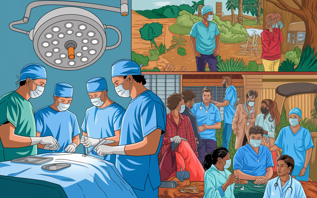 A visual collage illustrating various medical electives. On one side, a surgical procedure is taking place with a team of surgeons focused on their task, demonstrating precision and teamwork. On another side, students are participating in a global health program in a remote village, interacting with locals and providing medical assistance. The background is filled with elements of diverse medical environments, showcasing the breadth of specialties from pediatrics, internal medicine, to surgery. The overall scene conveys diversity and opportunity in medical education.