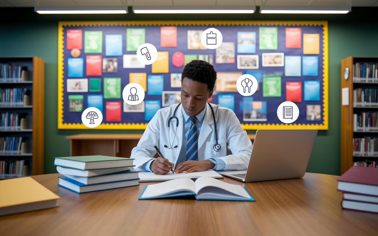 A focused medical student is sitting at a large library table surrounded by books and laptops, contemplating their elective choices. A colorful bulletin board filled with flyers and information about various electives is behind them. The scene is calm, illuminated by soft, warm library lighting, emphasizing the student's thoughtful expression as they jot down notes. Icons of different medical specialties are subtly integrated into the background, representing diverse elective options.