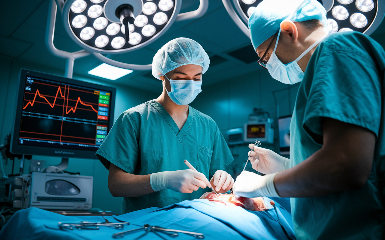 A determined student in scrubs is engaged in a surgery-oriented elective, observing a surgeon performing a complex operation in a modern operating room. The bright lights and sterile environment underscore the seriousness of the procedure. The student's face reflects intense concentration and eagerness to learn, while surgical instruments and monitors display vital signs in the foreground, illustrating the high-stakes nature of the experience. A sense of purpose fills the room, showcasing the value of hands-on learning.