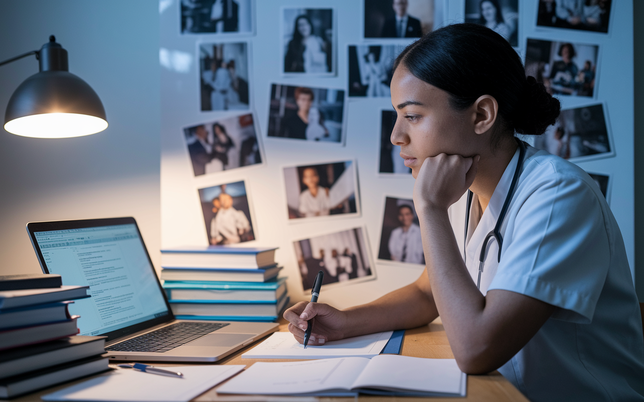 A thoughtful medical student is seated at a desk, writing their application narrative with a determined look. A laptop is open, displaying a draft of their application, while stacks of medical books and notes surround them. A vision board filled with photos representing various specialities and electives hangs on the wall, illustrating their journey and aspirations in medicine. Soft lamp lighting casts a concentrated glow, enhancing the atmosphere of reflection and commitment.