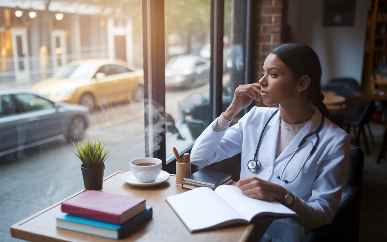 A young medical student relaxing on a rainy day in a cozy café, surrounded by books and a steaming cup of tea. Soft lighting creates a warm atmosphere, emphasizing tranquility, solitude, and self-reflection as she gazes out the window, contemplating the future. Include elements like a journal and art supplies to suggest creativity and personal growth.