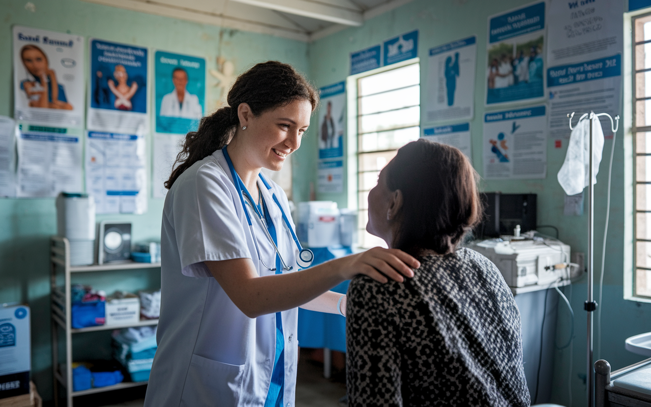 A passionate young medical student, Sarah, actively volunteering in a rural healthcare clinic, interacting lovingly with a patient. The clinic is modest but bright, filled with health posters on the walls, and natural light pours in from a window. Show must-see details like medical charts, and equipment, highlighting the emotional connection between Sarah and the community she serves.