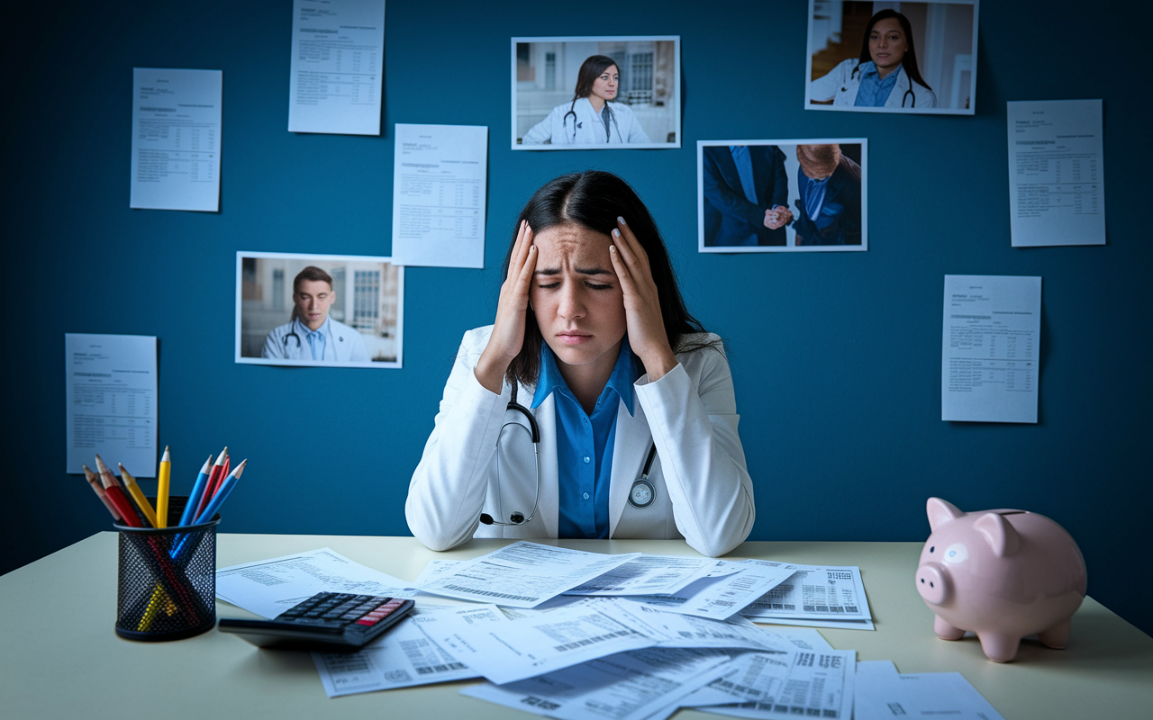 A concerned medical student sitting at a desk cluttered with bills and financial statements, looking stressed. On the wall, images of medical school and dreams of the future hang, contrasting her current reality. The lighting is dim, emphasizing her worry. Include elements like a calculator and a piggy bank to symbolize financial challenges.