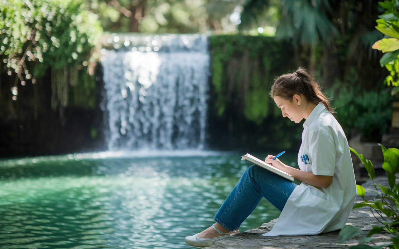 An introspective medical student sitting quietly by a waterfall, writing in a journal. The lush green environment symbolizes peace and rejuvenation, with sunlight filtering through the leaves. Capture the student’s contemplative expression, showcasing the importance of personal reflection and the beauty of nature.