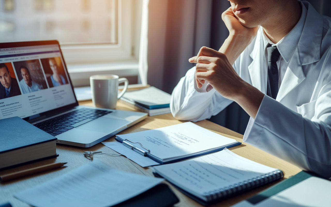 A close-up shot of a medical student in white coat, sitting at a desk cluttered with medical books and notes, expressing a look of determination and contemplation. Sunlight coming through a window casts a warm glow on the papers, and a coffee mug sits beside them. An open laptop shows websites about various medical specialties, suggesting a moment of deep reflection and reassessment.