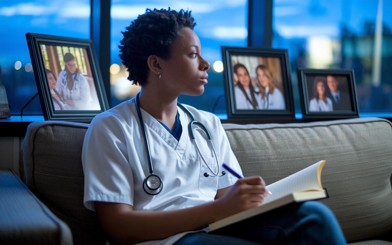 A thoughtful medical student sitting on a couch with a journal, pen in hand, gazing out the window, lost in deep contemplation. The evening light creates a serene atmosphere, illuminating their face. Surrounding them are framed photographs of meaningful moments in medical school, suggesting a reflection on their journey and aspirations.