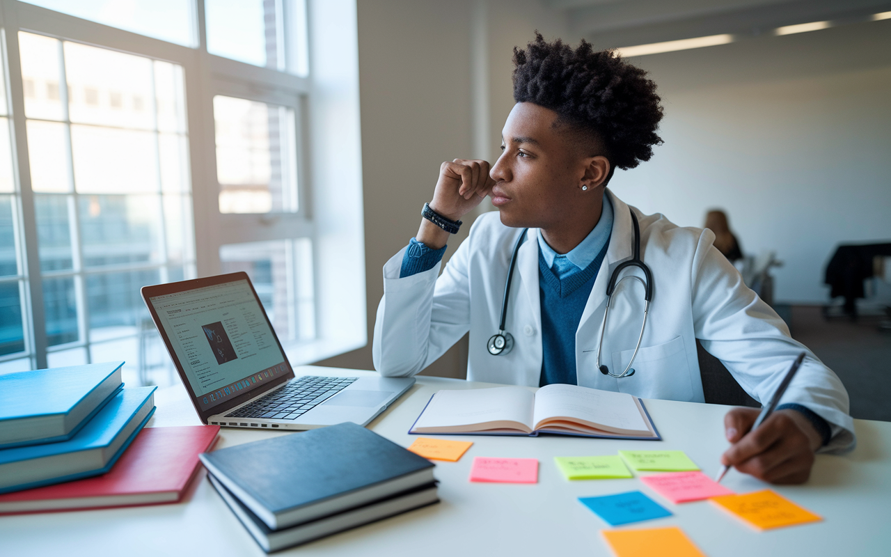 An eager medical student sitting at a bright, modern study desk, surrounded by medical textbooks, a laptop open to a specialty research site, and colorful sticky notes with thoughts written on them. Natural light streams through a window, enhancing focus and determination on the student's face as they contemplate their future path.