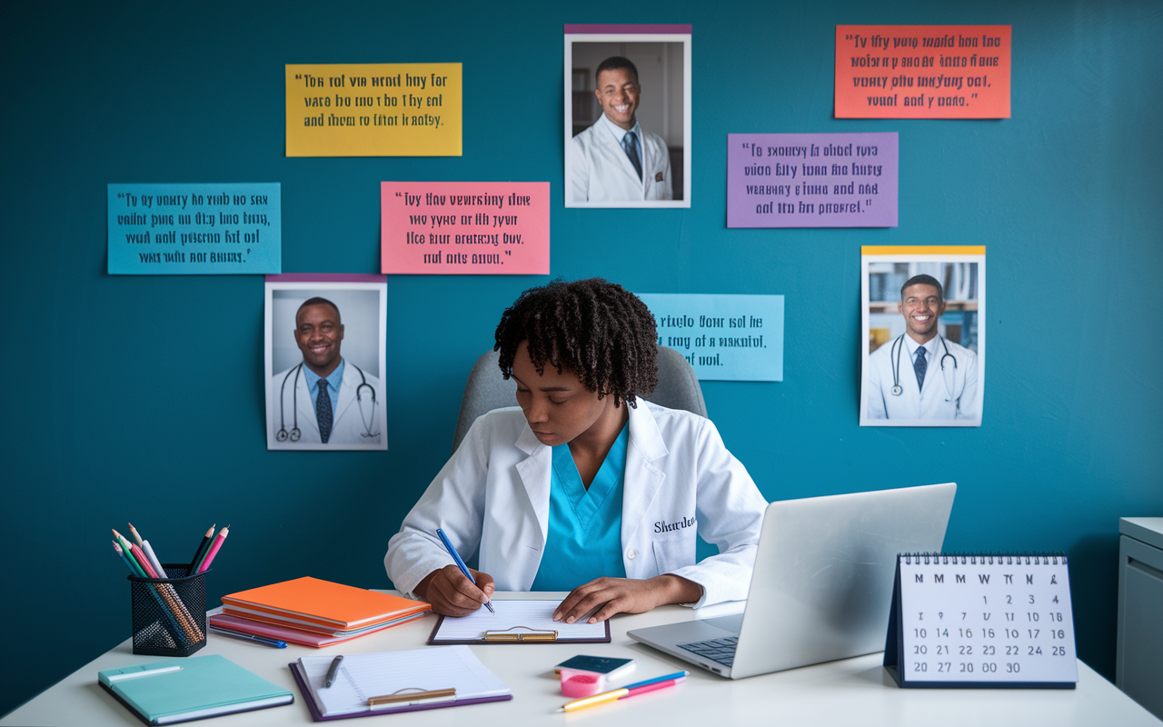 A dynamic scene showing a dedicated medical student preparing their residency applications at a cozy desk full of colorful stationery, laptops, and a calendar with deadlines highlighted. The wall behind them is decorated with inspirational quotes and photographs of medical mentors, conveying a strong sense of ambition and renewed focus.