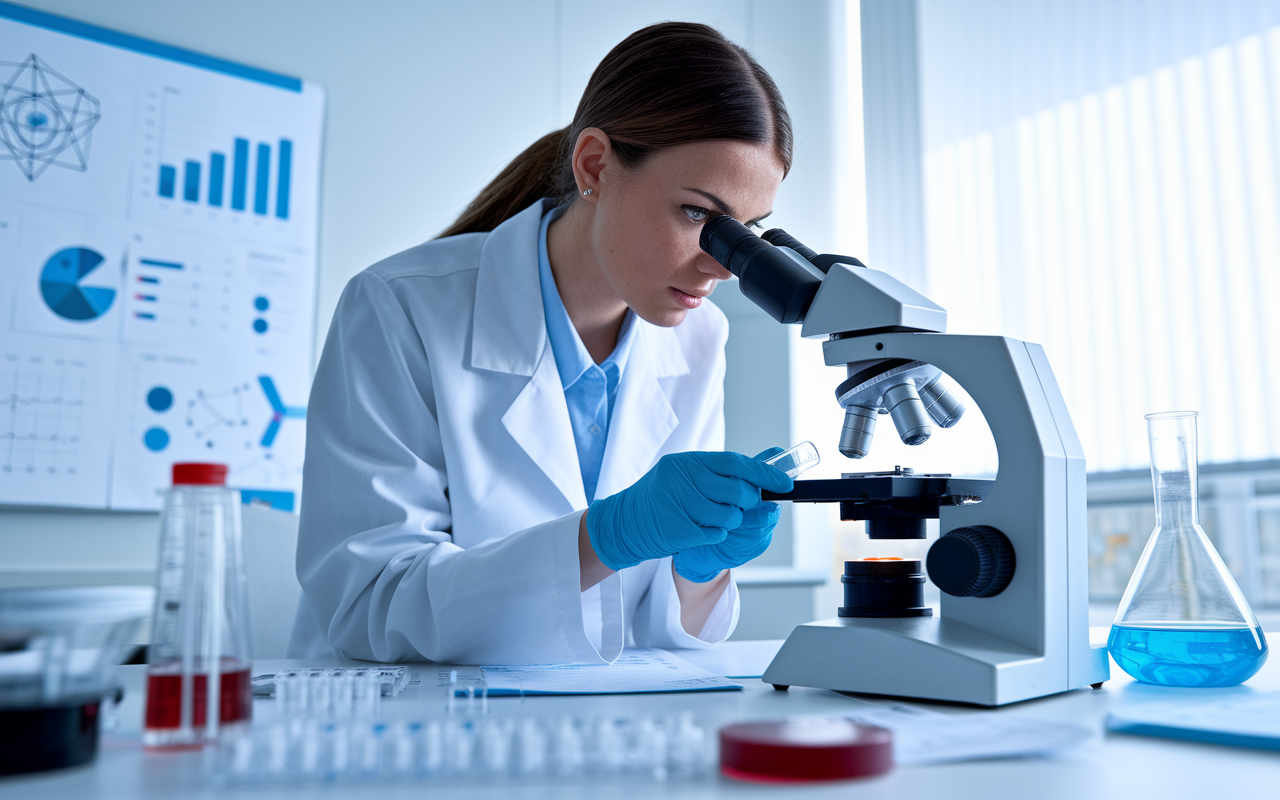 A dedicated female medical researcher in a white lab coat, intensely focused while examining a vial under a microscope in a modern lab. Surrounding her are advanced lab equipment, specimen samples, and a whiteboard filled with charts and scientific diagrams. The lighting is bright yet soft, emphasizing the clean, precise environment. The image conveys a sense of passion for discovery and advancement in healthcare.