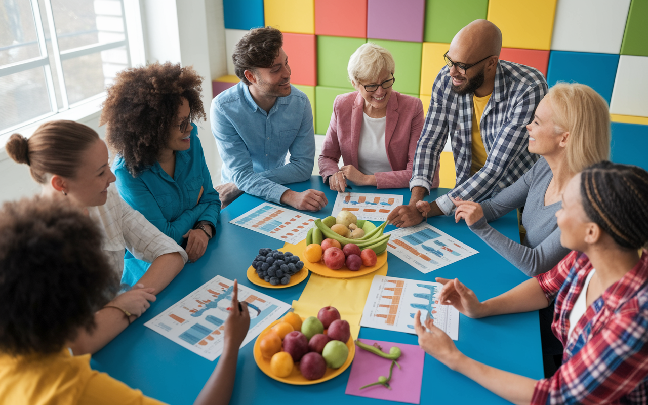 A lively community health workshop in a bright, colorful room where a diverse group of people gathers around a table, actively discussing health education materials presented by a passionate health educator. Charts, flyers, and fruit samples are displayed while participants engage in conversation, showcasing a sense of community involvement and shared learning about health promotion.