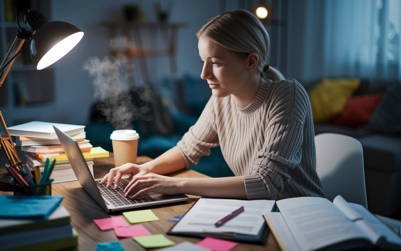 A young medical writer in a cozy home office, typing on a laptop while surrounded by health-related books, papers, and colorful sticky notes. The scene radiates creativity with a warm glow from a desk lamp, and a coffee cup is steaming beside her. The writer looks focused and inspired as she researches health topics, embodying the dynamic realm of medical communications.