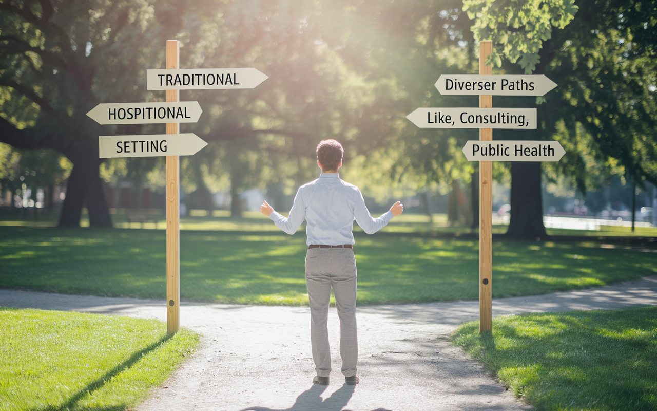 A young professional standing at a crossroads, contemplating two signposts that point in different directions: one toward a traditional hospital setting, and the other toward diverse career paths like research, consulting, and public health. The scene is set in a vibrant park, symbolizing growth and opportunity, with sunlight filtering through the trees, creating an uplifting and hopeful atmosphere.