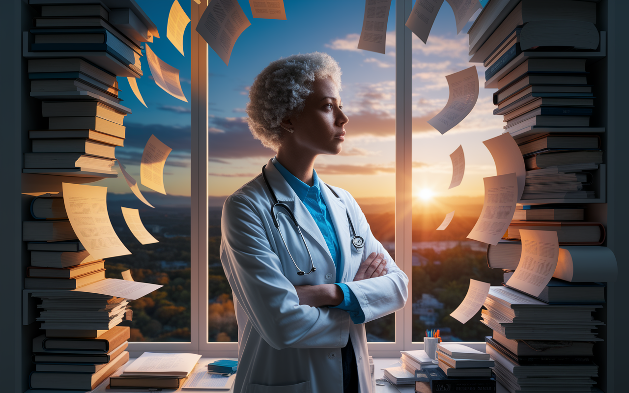 A doctor deep in thought, standing near a window overlooking a beautiful sunset, casting golden light into the room. The scene is filled with books, papers, and medical equipment, but the doctor is looking outward, symbolizing hope and new possibilities. The expression on their face is one of determination, illustrating the emotional journey after unmatching. The overall mood is uplifting and reflective.