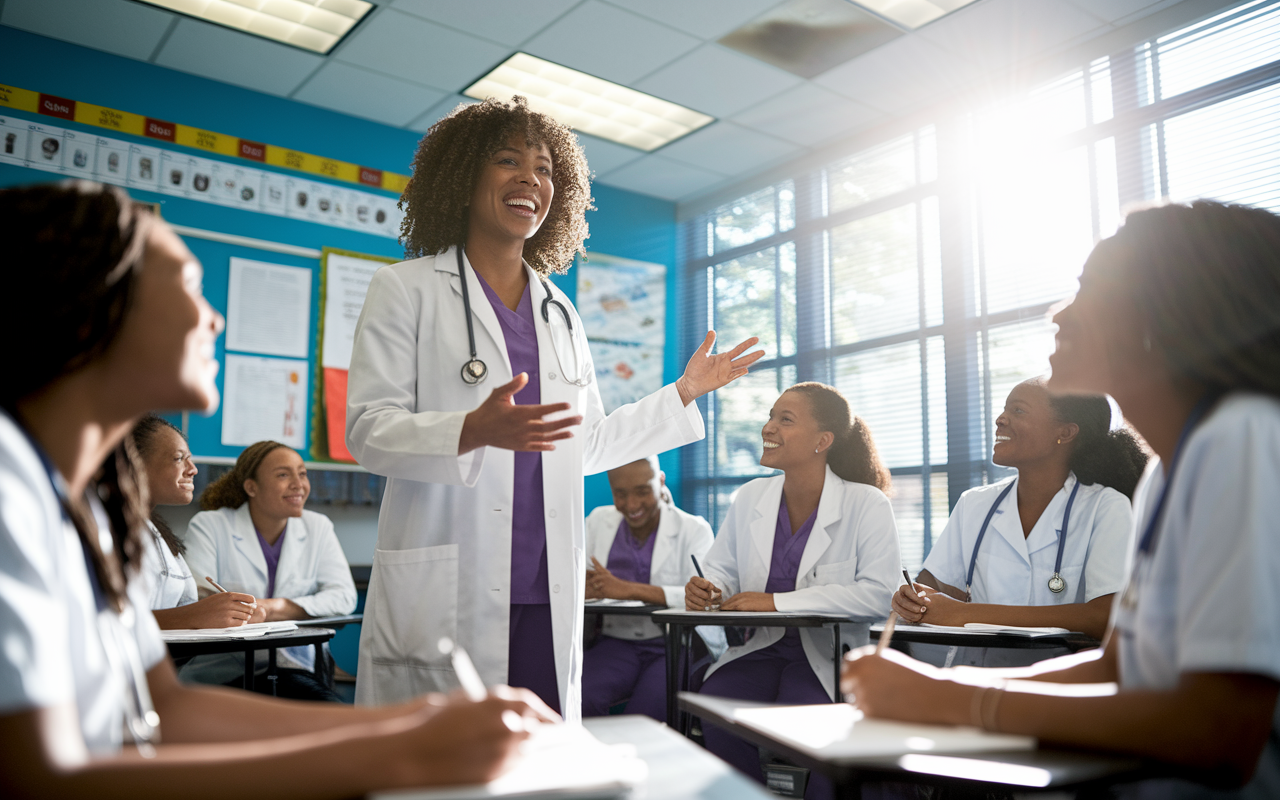 Dr. Sarah in a vibrant classroom setting, passionately engaging with a group of medical students. The walls are decorated with educational materials, and the atmosphere is one of excitement and learning. Sunlight streams through the windows, illuminating her enthusiastic lecture, while students are taking notes, visibly inspired. This scene captures the joy of teaching and mentoring in the medical field.