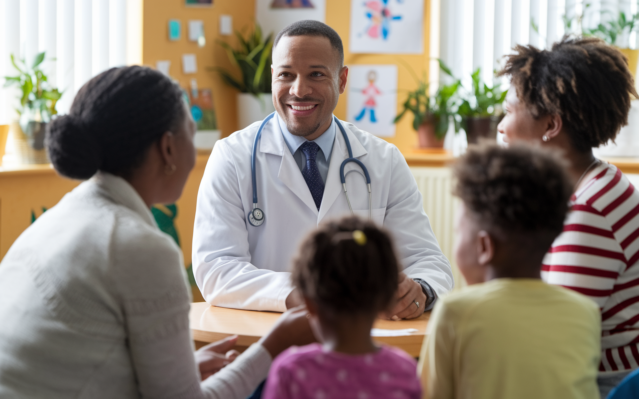 Dr. Kevin in a warm community clinic setting, engaging in friendly conversation with a diverse family of patients. The room is colorful and inviting, filled with plants and children's drawings, emphasizing a sense of comfort. Dr. Kevin’s expression is compassionate and attentive, demonstrating his newfound passion for family medicine. Natural light floods through the windows, enhancing the positive atmosphere of care.