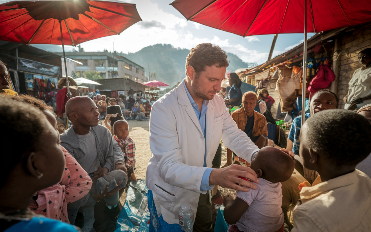 Dr. Michael in a remote village, surrounded by locals as he conducts a medical clinic in an open-air setting. The scene is vibrant and dynamic, showcasing his interaction with patients in need. He is carefully examining a child, while vibrant market stalls and mountains are visible in the background. The warm sunlight brightens the scene, capturing the essence of humanitarian work and the spirit of care.