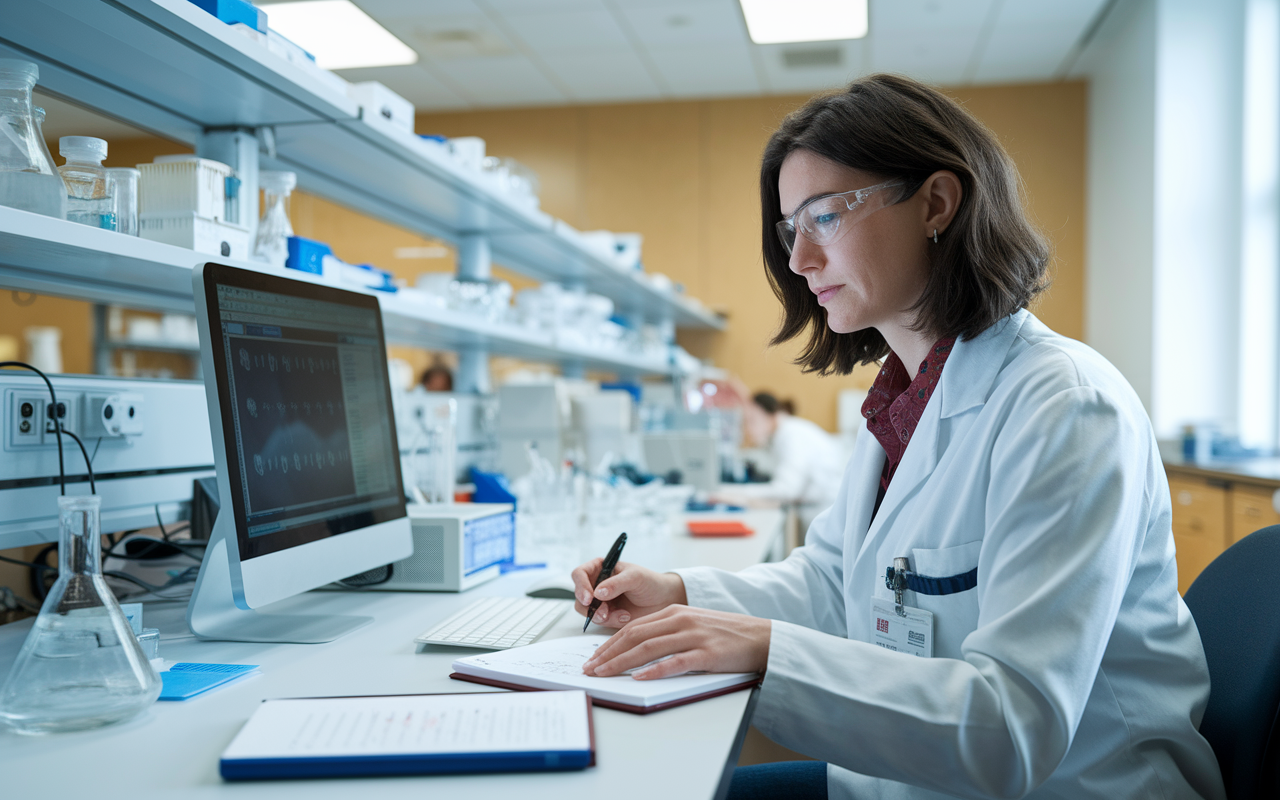 Dr. Emily working diligently in a well-equipped laboratory, surrounded by research materials and advanced scientific equipment. The environment is bright and organized, with her focused expression revealing her passion for discovery. She is analyzing data on her computer screen while scribbling notes, showcasing the intersection of clinical practice and research in medicine.