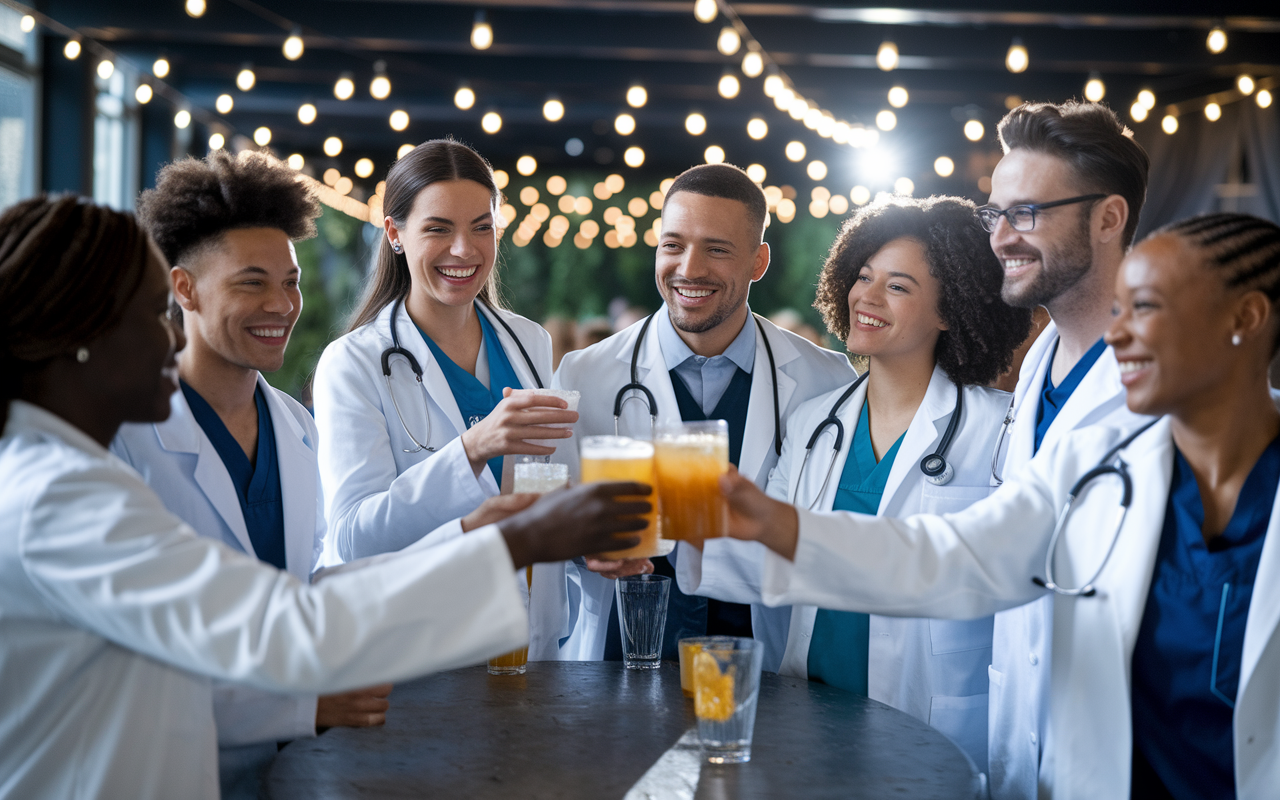 A group of diverse doctors celebrating at a professional gathering, representing various paths in medicine after unmatching. They share stories over drinks, with an atmosphere of camaraderie and hope in a beautifully lit venue. The scene captures the essence of triumph, showcasing joy, support, and the spirit of collaboration in their journeys.