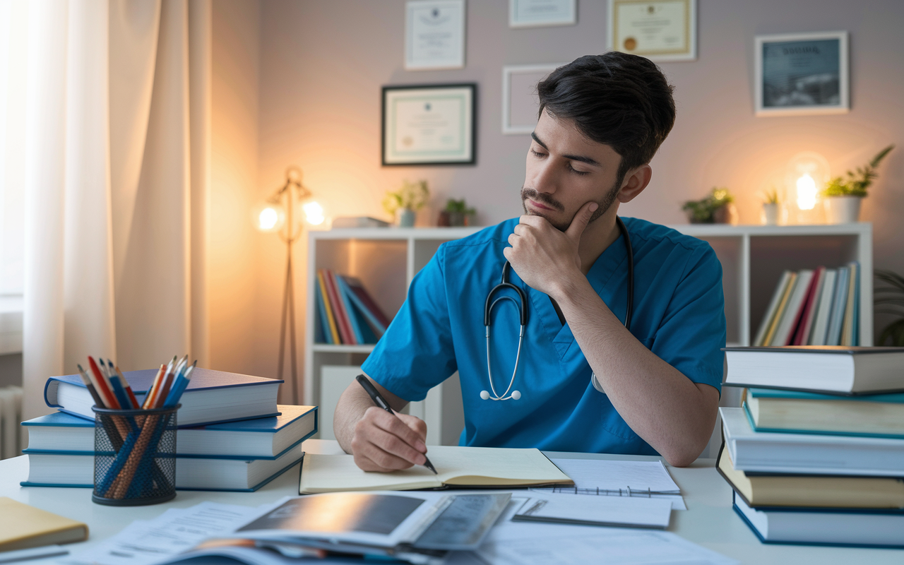 A young medical graduate sitting at a desk cluttered with medical books and notes, deep in thought while writing in a journal. The room is softly lit with warm light, showcasing a few certificates on the wall. The graduate exhibits an expression of contemplation and aspiration, symbolizing the journey of self-discovery and assessment in a cozy study space.