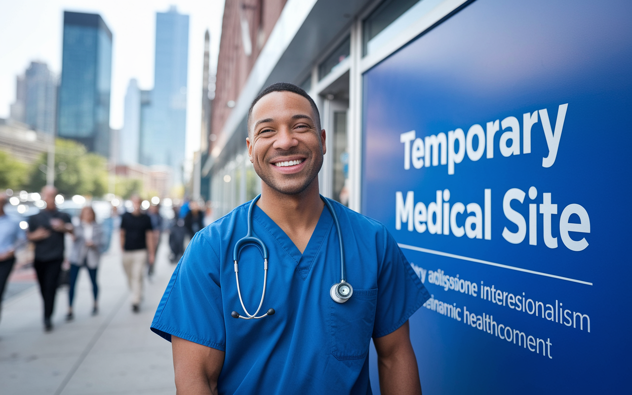 A physician wearing scrubs and a stethoscope smiling while standing outside a temporary medical site in a vibrant city. The background features a bustling urban landscape with people walking by and tall buildings in the distance. The physician is engaged with a patient, showcasing a friendly interaction, radiating warmth and professionalism in a dynamic healthcare environment.