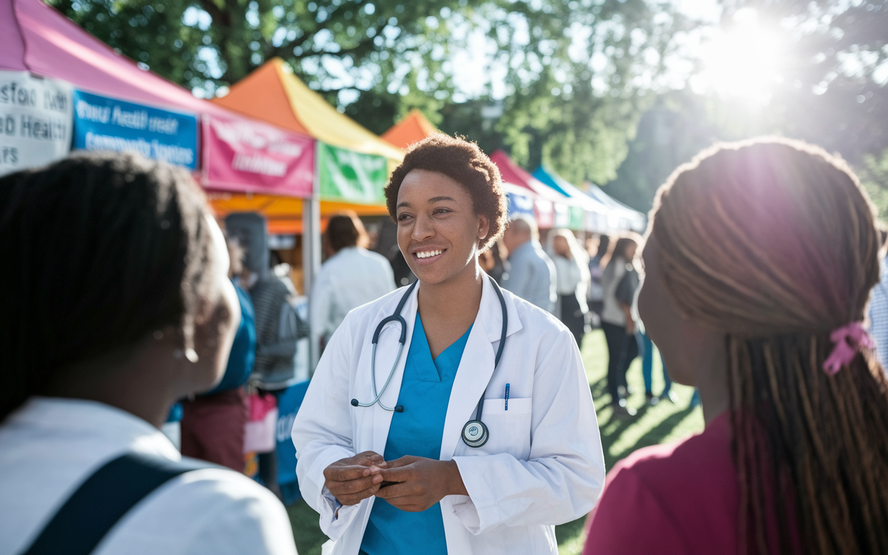 A dedicated health professional engaging with community members at a public health fair. Colorful pavilions and banners depict various health topics in the background. The health professional is listening intently to diverse individuals from the community, conveying compassion and commitment. Bright sunlight filters through the trees, creating a positive and hopeful atmosphere.