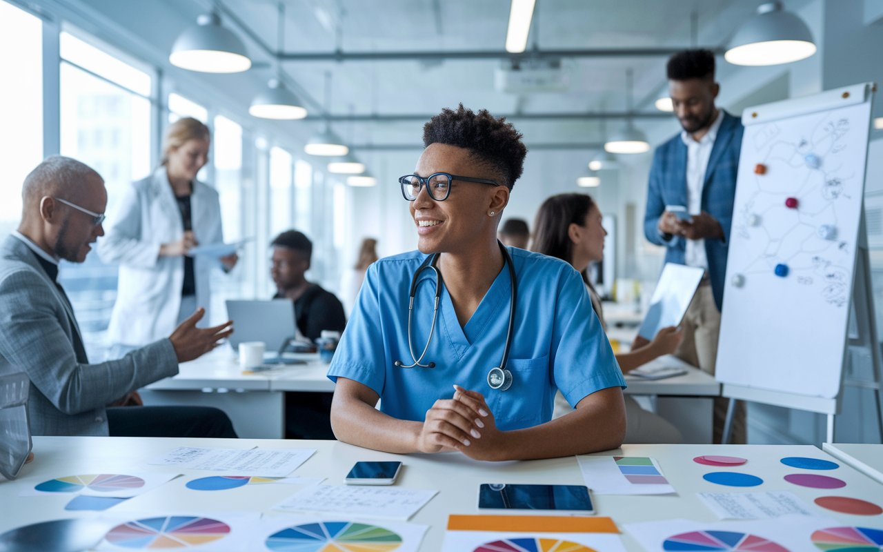 A health professional sitting in a modern office surrounded by tech gadgets and whiteboards filled with innovative ideas. The individual is engaged in a discussion with colleagues, showcasing diversity in a collaborative work environment. Bright, modern lighting enhances the atmosphere of creativity and innovation in healthcare technology.